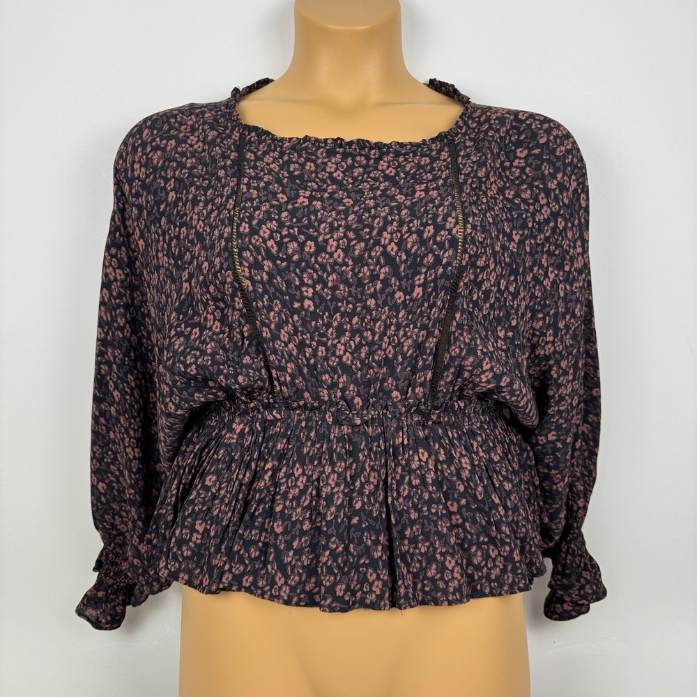Anthropologie Nichola Peplum‎ Black Floral Top Viscose Womens Small S